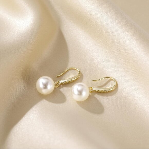 Women's Sterling Silver 925 CZ Simulated White Pearl Drop Earrings Jewelry - Picture 2 of 6